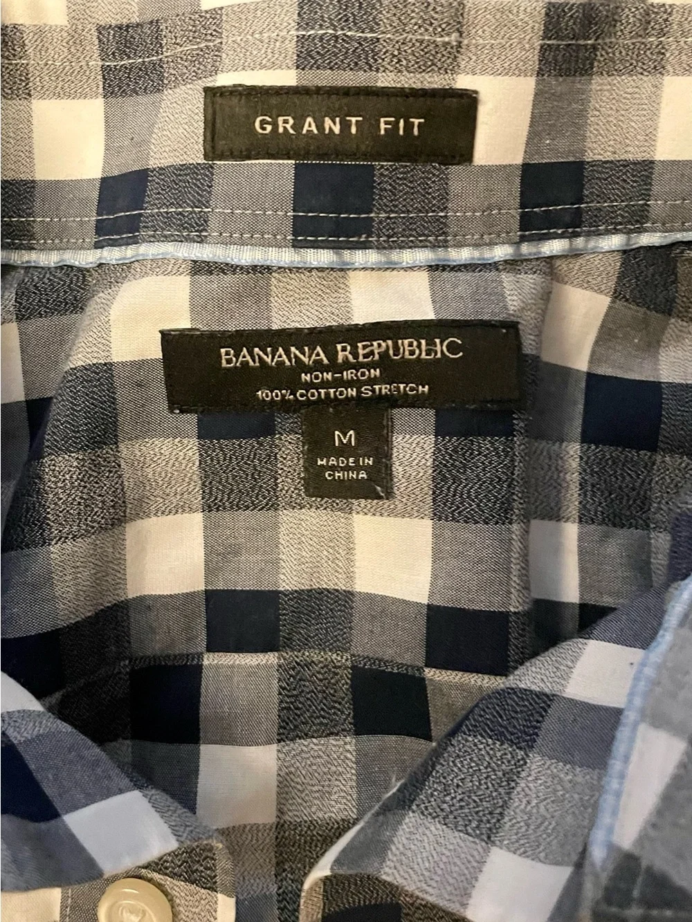 Banana Republic 100% Cotton Men's Blue Grey Plaid Button Down Long Sleeve Shirt